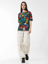 Women's Black Knitted Casual Printed Regular Fit Half Sleeves Tshirt