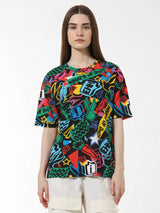 Women's Black Knitted Casual Printed Regular Fit Half Sleeves Tshirt