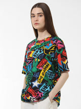 Women's Black Knitted Casual Printed Regular Fit Half Sleeves Tshirt