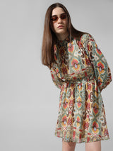 Women's Multicolor Woven Casual Printed Above Knee Full Sleeves Dress