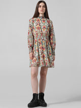 Women's Multicolor Woven Casual Printed Above Knee Full Sleeves Dress