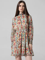 Women's Multicolor Woven Casual Printed Above Knee Full Sleeves Dress