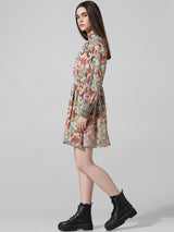 Women's Multicolor Woven Casual Printed Above Knee Full Sleeves Dress