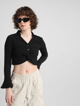 Women's Black Woven Casual Solid Cropped Full Sleeves Top