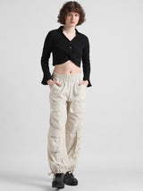 Women's Black Woven Casual Solid Cropped Full Sleeves Top