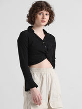 Women's Black Woven Casual Solid Cropped Full Sleeves Top