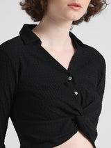 Women's Black Woven Casual Solid Cropped Full Sleeves Top