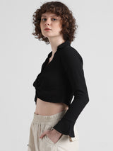 Women's Black Woven Casual Solid Cropped Full Sleeves Top