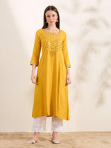 Women's Yellow Solid Mirror Embroidered A-Line Flared Kurta