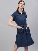 Women's Blue Solid Shirt Dress