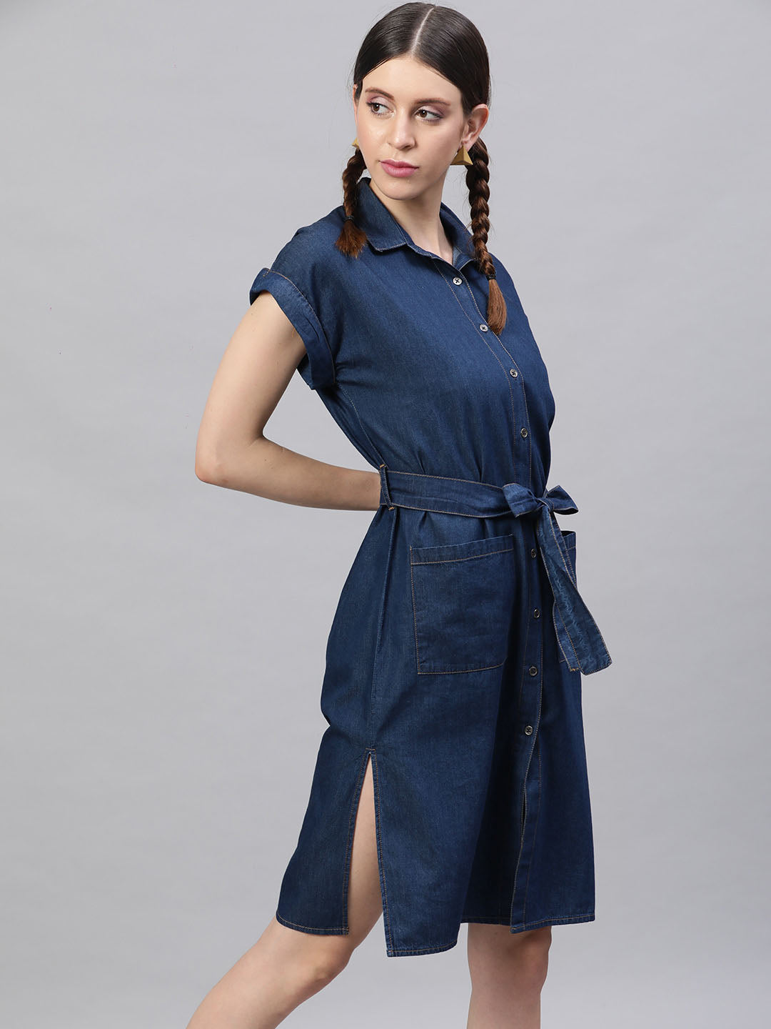 Women's Blue Solid Shirt Dress