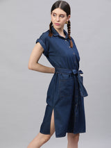Women's Blue Solid Shirt Dress