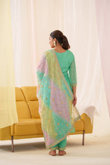 Women's Green Fusion Regular Fit Embroidered Three Quarter Sleeves Kurtas Sets