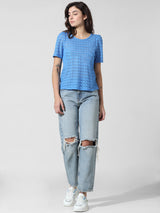 Women's Blue Knitted Casual Solid Regular Fit Half Sleeves Top