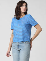 Women's Blue Knitted Casual Solid Regular Fit Half Sleeves Top