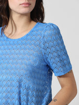 Women's Blue Knitted Casual Solid Regular Fit Half Sleeves Top