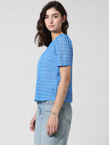 Women's Blue Knitted Casual Solid Regular Fit Half Sleeves Top