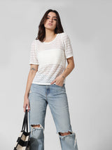 Women's White Knitted Casual Solid Regular Fit Half Sleeves Top