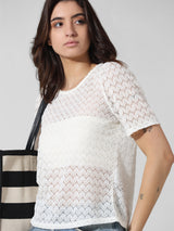 Women's White Knitted Casual Solid Regular Fit Half Sleeves Top