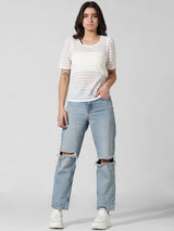 Women's White Knitted Casual Solid Regular Fit Half Sleeves Top
