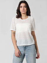 Women's White Knitted Casual Solid Regular Fit Half Sleeves Top