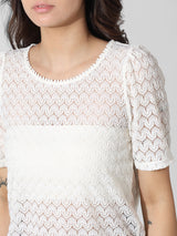 Women's White Knitted Casual Solid Regular Fit Half Sleeves Top