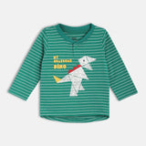 Boys Green Casual Regular Fit Striped Full Sleeves Tshirt