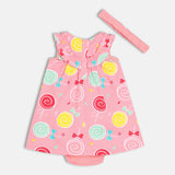 Girls Pink Casual Regular Fit Printed Sleeveless Dress