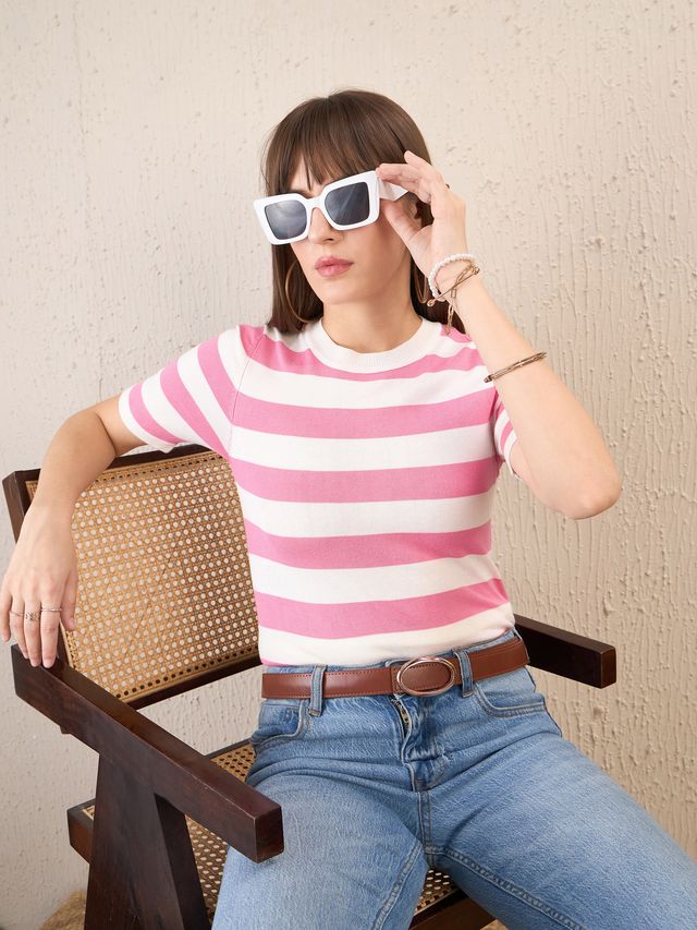 Women's Pink & White Striped Acrylic Top