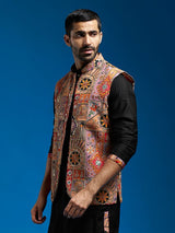 Men's Multicolor Crepe Printed Embroidered Sequinned Full Sleeves Nehru Jacket