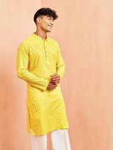 Men's Yellow Cotton Leheriya Printed Kurta