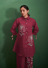 Women's Red Work Regular Fit Embroidered Three Quarter Sleeves Co-Ord Sets