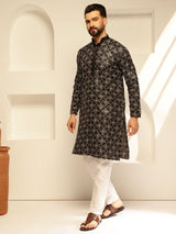 Men's Black Cotton Silk Thread Embroidered Long Kurta with Golden Accents