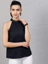 Women's Navy Blue Embellished Halter Neck Georgette Regular Top