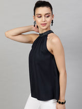 Women's Navy Blue Embellished Halter Neck Georgette Regular Top