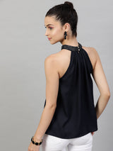 Women's Navy Blue Embellished Halter Neck Georgette Regular Top