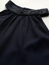 Women's Navy Blue Embellished Halter Neck Georgette Regular Top