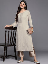 Women's Gray Viscose Self Design with Zari Work Straight Kurta