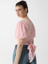 Women's Pink Woven Casual Solid Cropped Half Sleeves Top