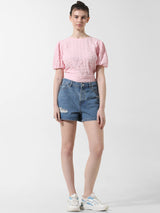 Women's Pink Woven Casual Solid Cropped Half Sleeves Top