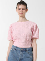 Women's Pink Woven Casual Solid Cropped Half Sleeves Top