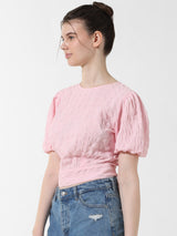 Women's Pink Woven Casual Solid Cropped Half Sleeves Top