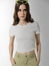 Women's White Knitted Casual Solid Cropped Half Sleeves Tshirt