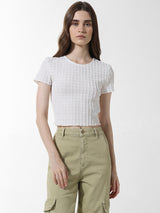 Women's White Knitted Casual Solid Cropped Half Sleeves Tshirt