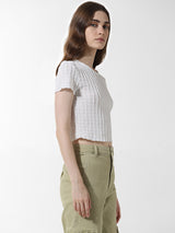 Women's White Knitted Casual Solid Cropped Half Sleeves Tshirt
