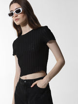 Women's Black Knitted Casual Solid Cropped Half Sleeves Tshirt