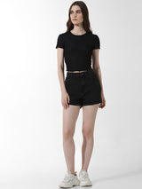 Women's Black Knitted Casual Solid Cropped Half Sleeves Tshirt