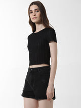 Women's Black Knitted Casual Solid Cropped Half Sleeves Tshirt