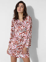 Women's White Woven Casual Printed Above Knee Full Sleeves Dress