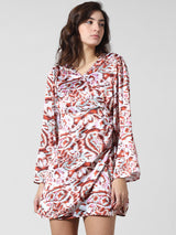 Women's White Woven Casual Printed Above Knee Full Sleeves Dress